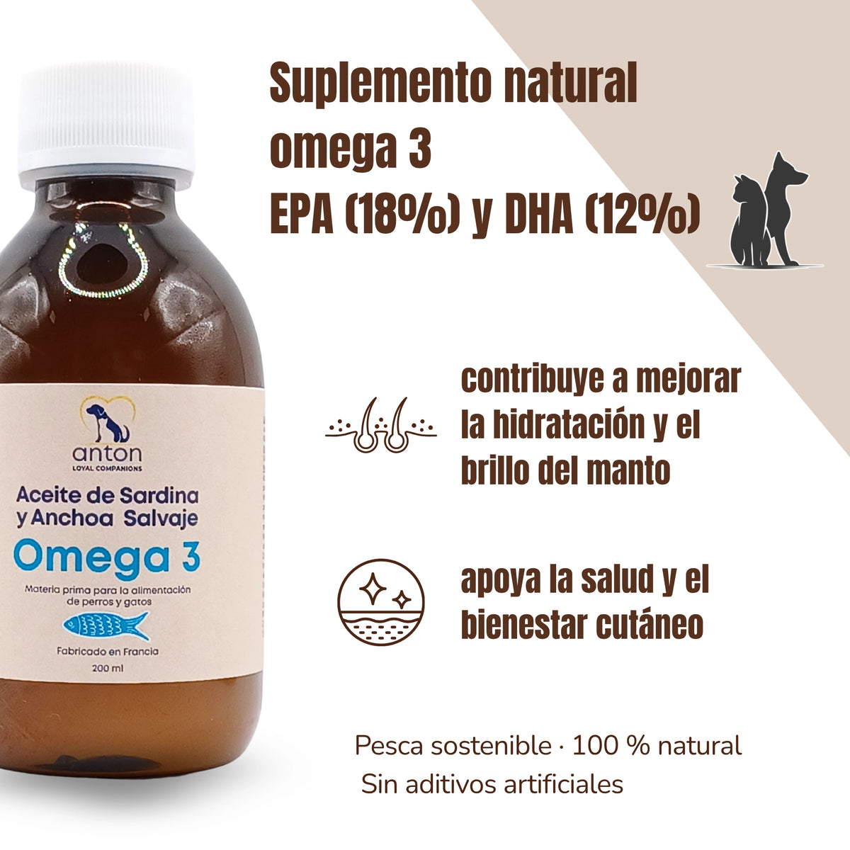 Suplemento omega 3 para perros y gatos con beneficios para la hidratación, el brillo del pelaje y el bienestar cutáneo, con EPA y DHA indicados