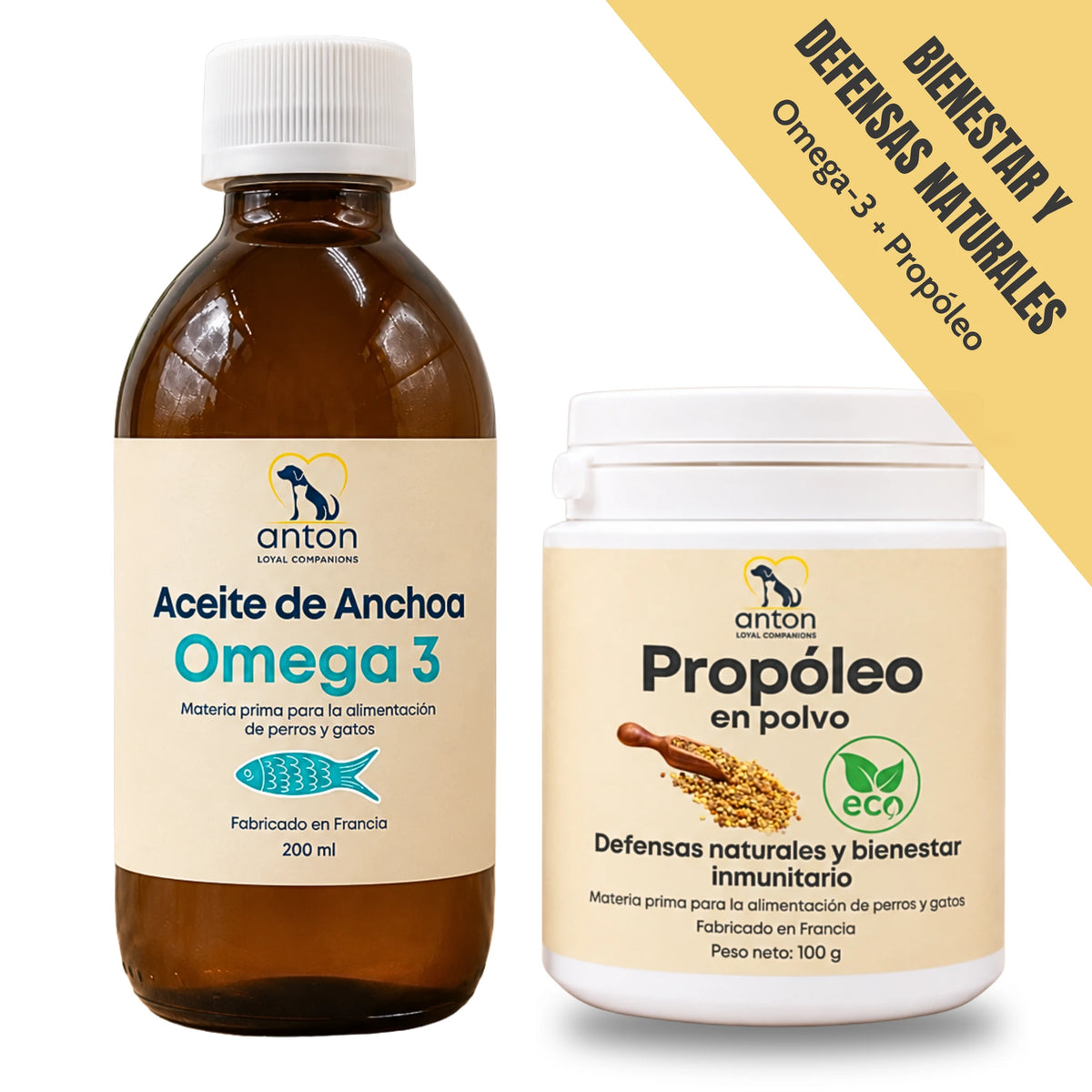 Aceite de anchoa Omega 3 y propóleo en polvo para perros y gatos Anton Loyal Companions, combinación para el bienestar diario y las defensas naturales.