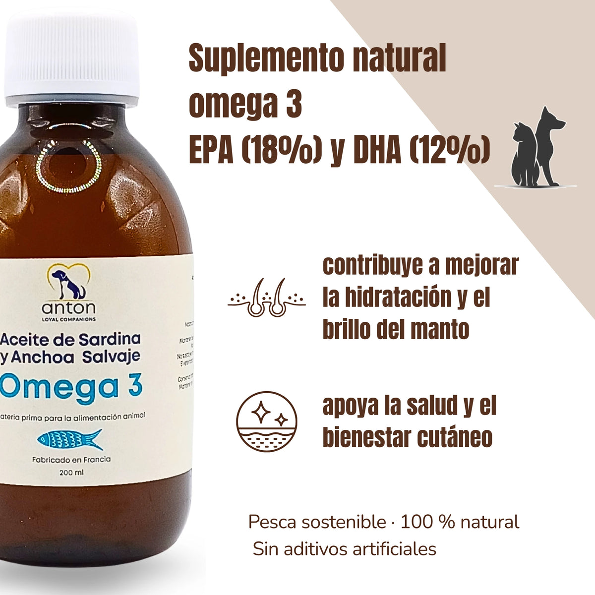 Aceite de sardina y anchoa salvaje Omega 3 Anton Loyal Companions, suplemento natural con EPA y DHA para apoyar la hidratación de la piel y el brillo del pelaje en perros y gatos.