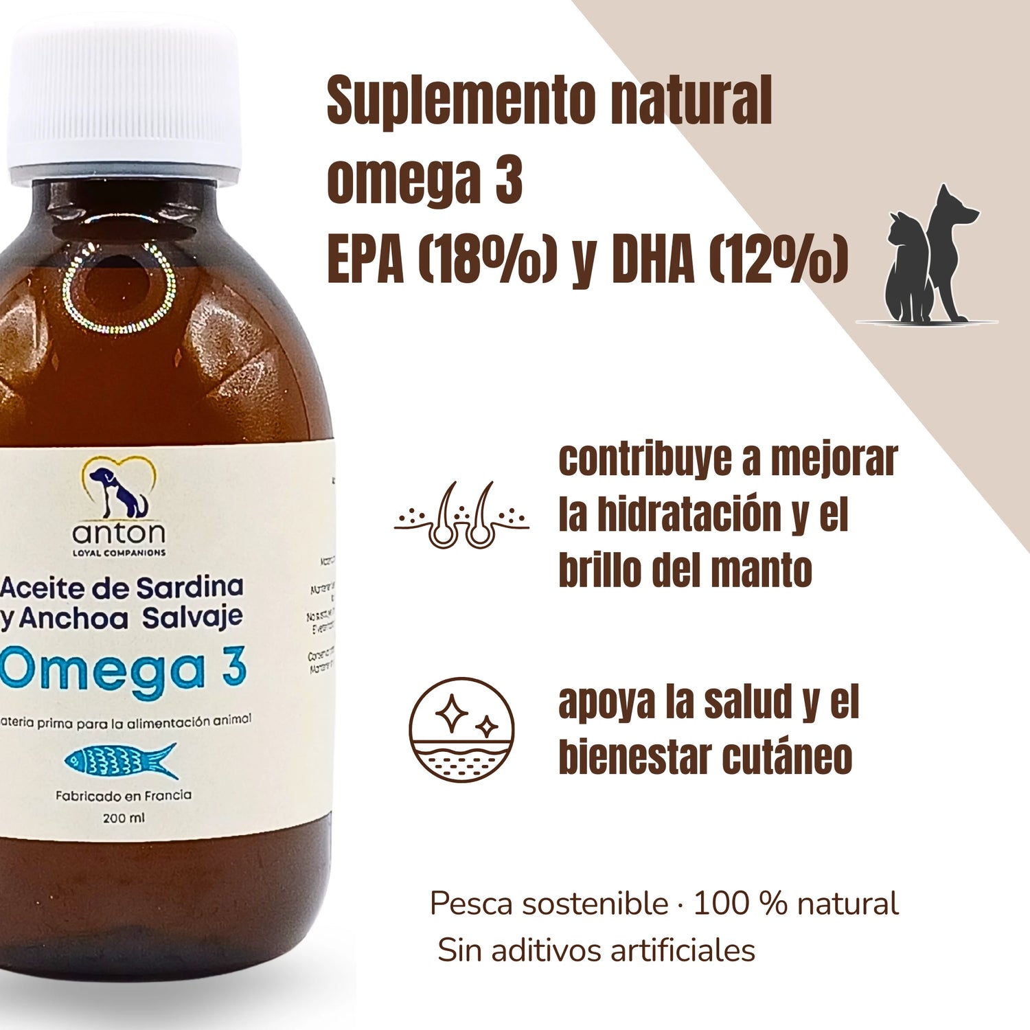 Aceite de sardina y anchoa salvaje Omega 3 Anton Loyal Companions, suplemento natural con EPA y DHA para apoyar la hidratación de la piel y el brillo del pelaje en perros y gatos.