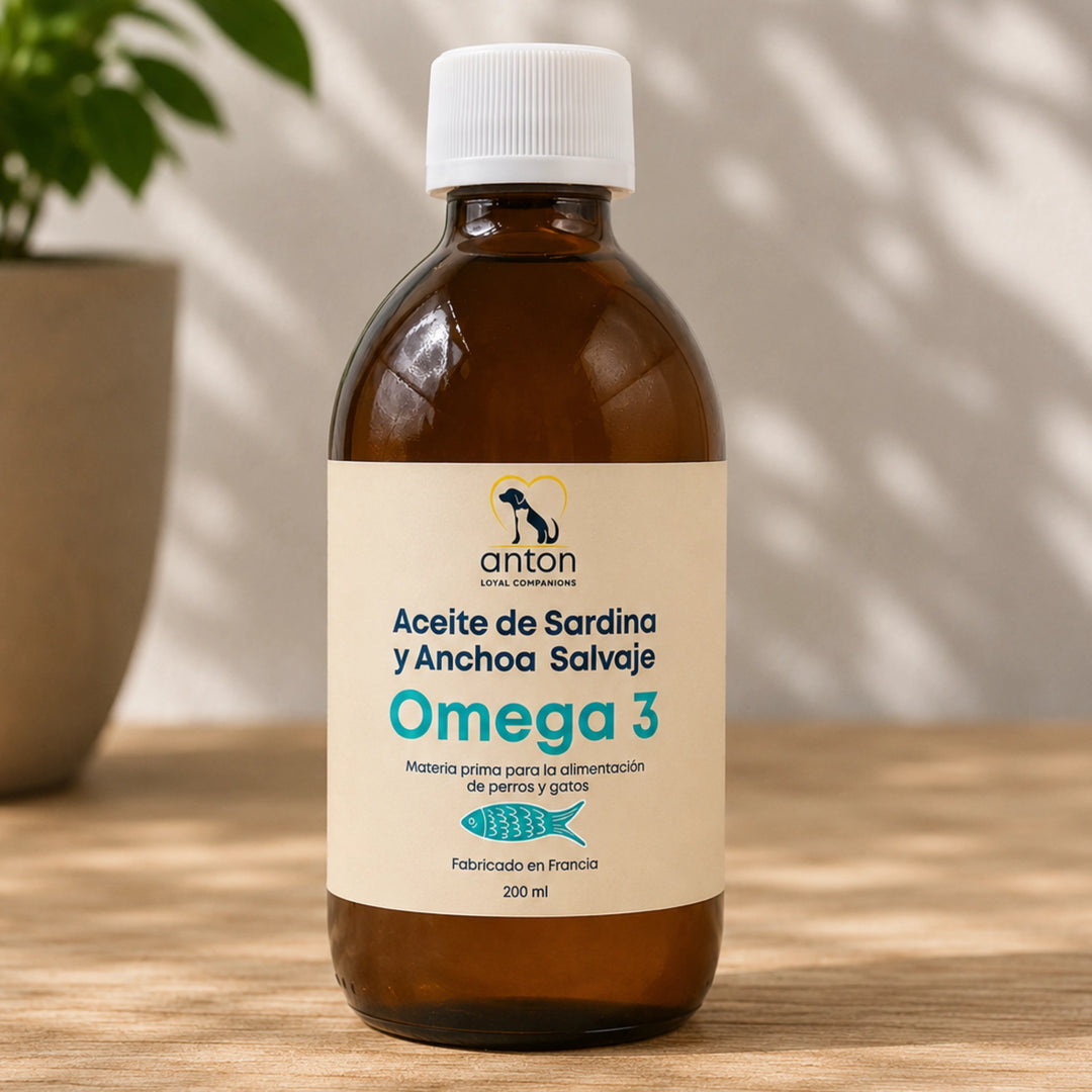 Aceite Omega 3 de sardina y anchoa salvaje para perros y gatos sobre superficie de madera con luz natural – apoyo nutricional diario ANTON LC