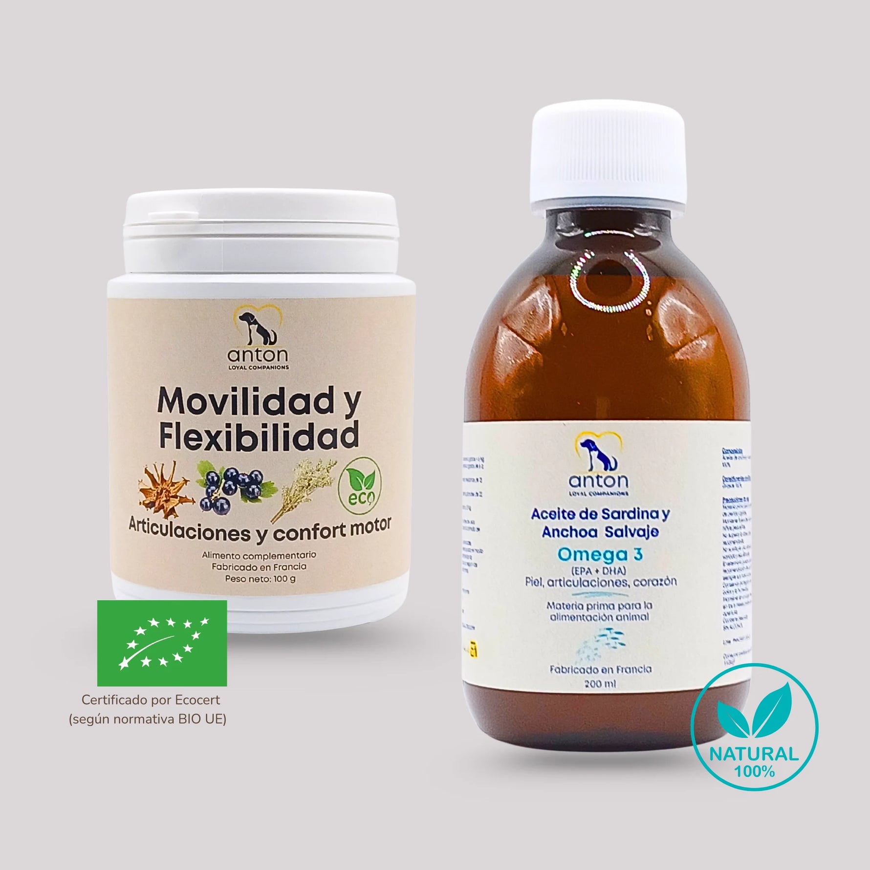 Pack Articulaciones y Movilidad para perros y gatos – Fórmula Movilidad y Flexibilidad ECO y Aceite Omega 3 de sardina y anchoa salvaje. | ANTON Loyal Companions