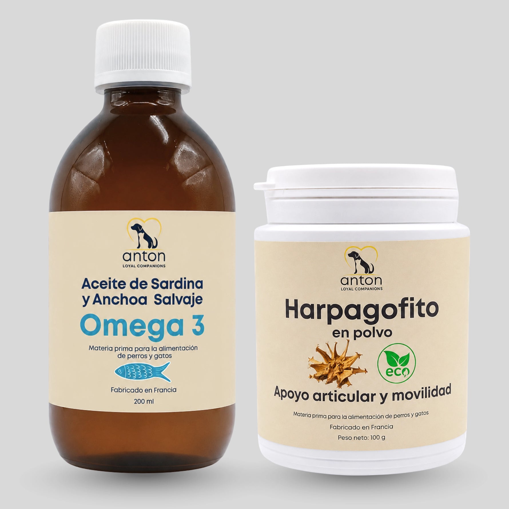 Pack Aceite Omega-3 EPA/DHA y Harpagofito ECO para perros y gatos, una combinación natural para apoyar la movilidad, el confort articular y el bienestar diario.