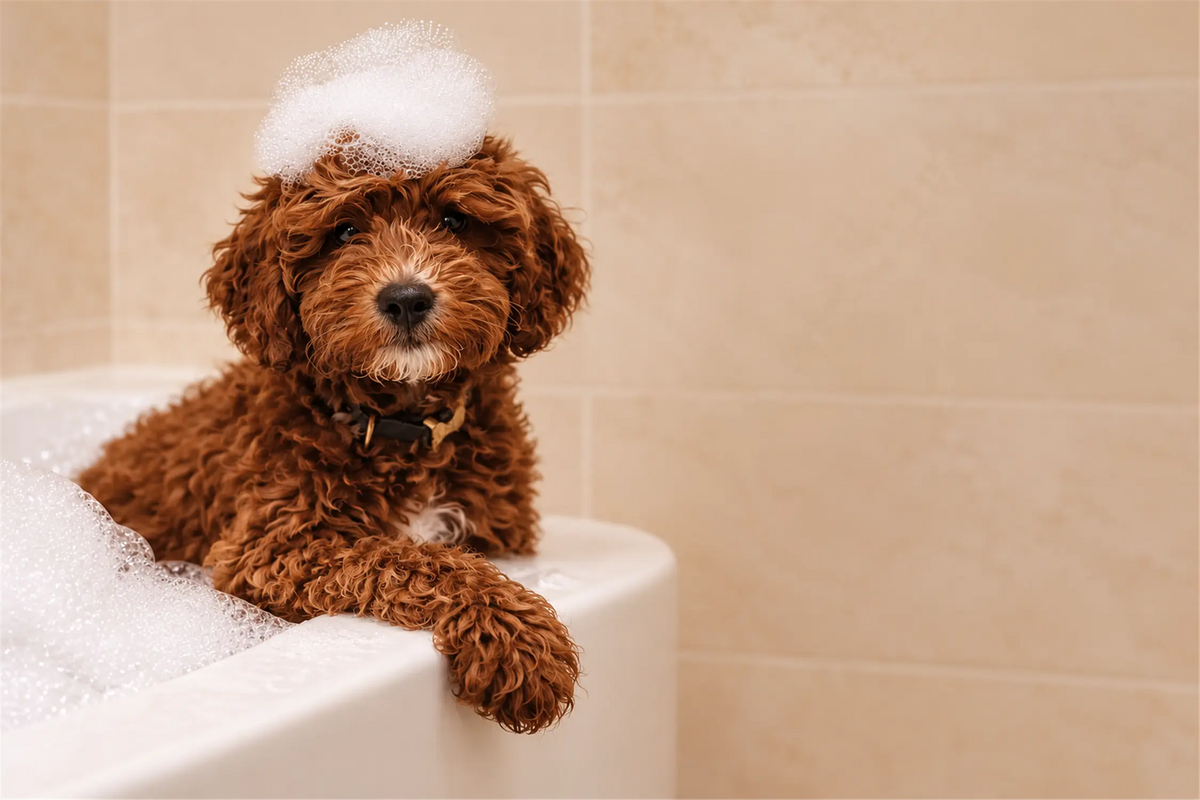 Perro de pelo rizado marrón en una bañera, con espuma sobre la cabeza y una pata apoyada en el borde.