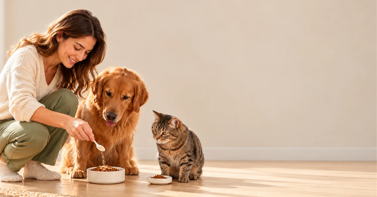 Mujer añadiendo una pequeña dosis de suplemento en polvo a la comida de su perro, mientras un perro y un gato observan.