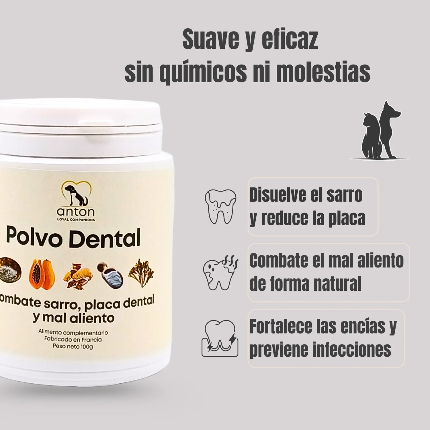 Polvo dental natural para perros y gatos de ANTON Loyal Companions, disuelve sarro, combate el mal aliento de forma natural y fortalece encías.