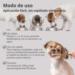 Modo de uso del Polvo Dental natural para perros y gatos de ANTON Loyal Companions, aplicación fácil sin cepillado, con instrucciones de uso diario y con cepillo.
