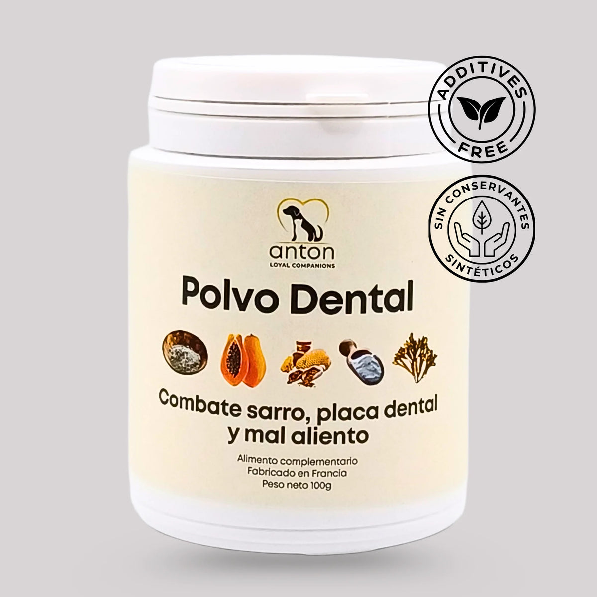 Polvo dental natural para perros y gatos de ANTON Loyal Companions, sin aditivos y sin conservantes sintéticos, con iconos informativos.