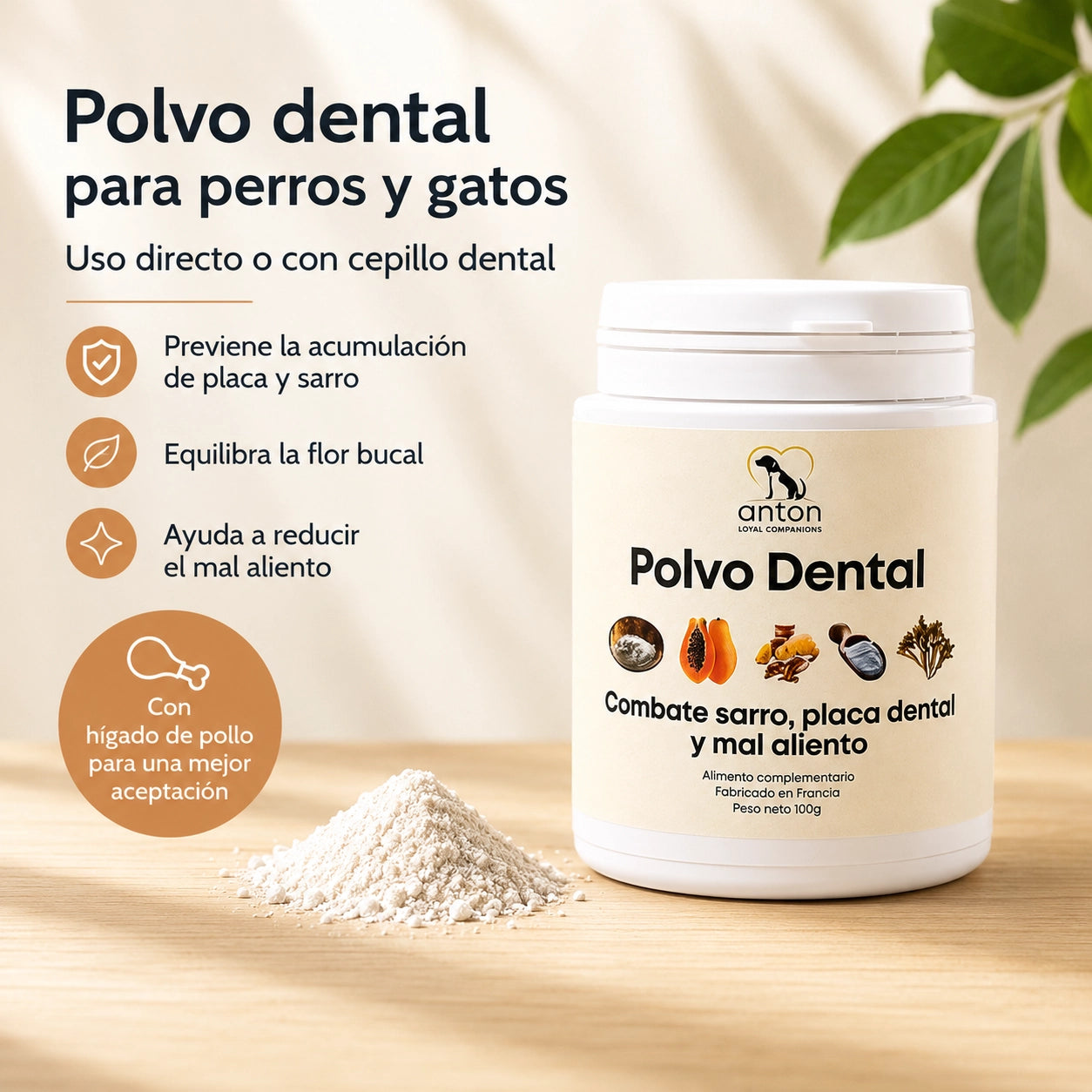 Polvo dental natural Anton Loyal Companions para perros y gatos con acción contra placa, sarro y mal aliento dentro del cuidado completo de higiene dental.