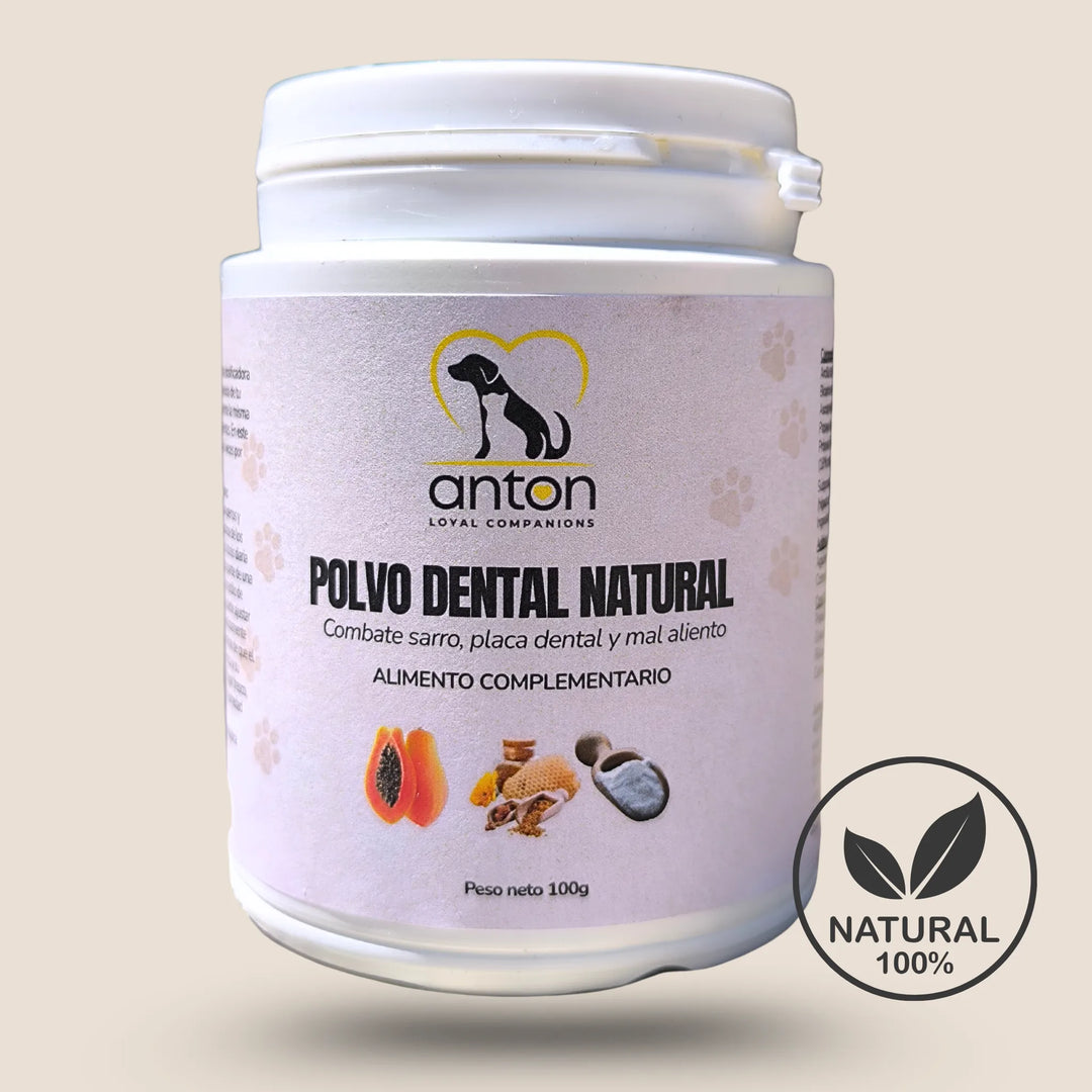 Envase de suplemento dental natural para perros y gatos ANTON de 100 g, combate sarro y mal aliento