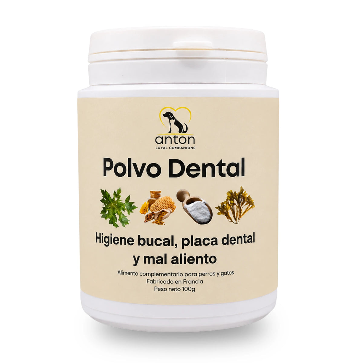 Envase de 100 g de polvo dental natural ANTON para perros y gatos, fabricado en Francia, con etiqueta beige sobre fondo blanco.