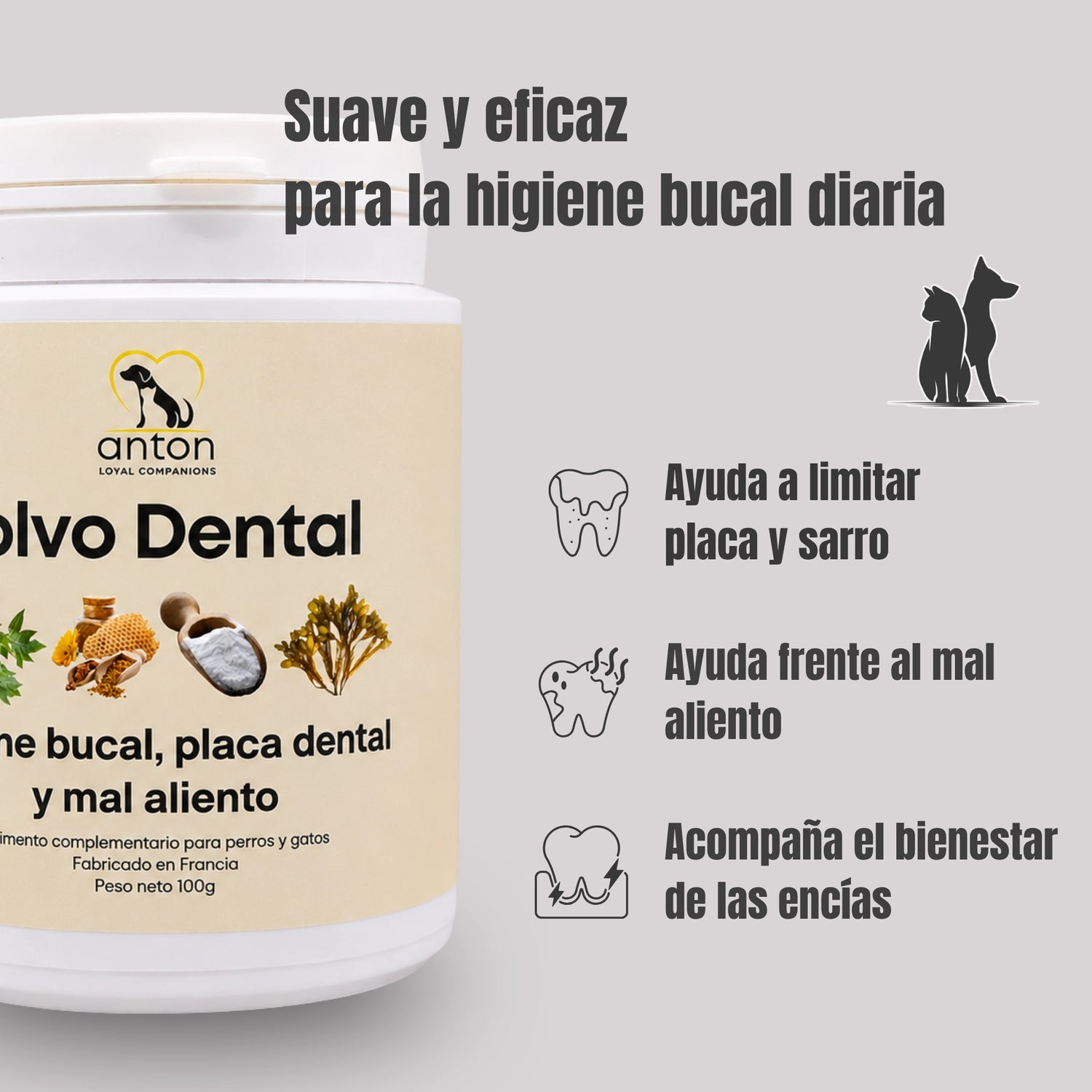 Beneficios del polvo dental natural para perros y gatos ANTON. Ayuda a limitar la acumulación de placa y sarro, es útil frente al mal aliento y acompaña el bienestar de las encías.