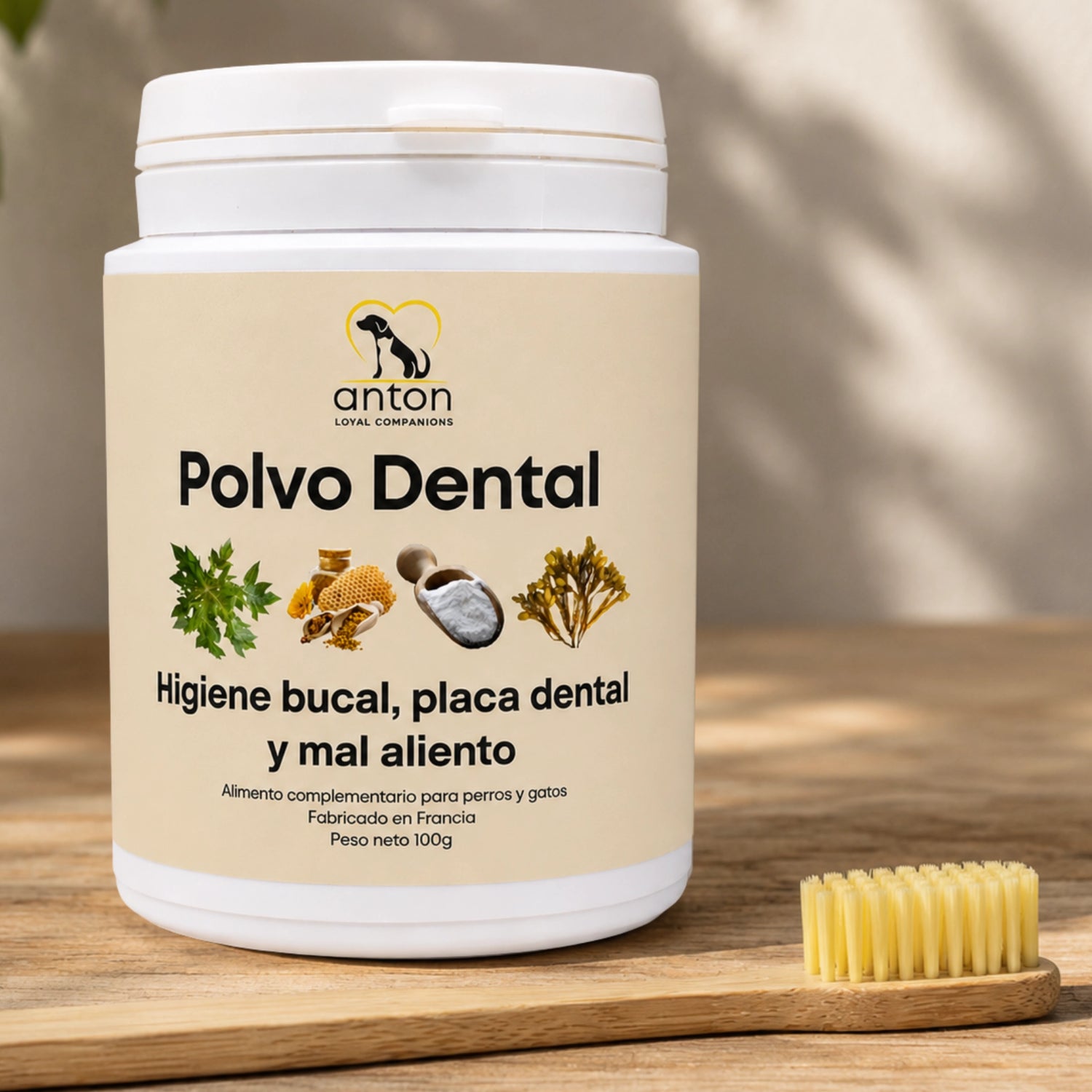 Polvo dental natural para perros y gatos con cepillo dental de bambú ANTON. Ayuda a mantener la higiene bucal, limitar placa y sarro y combatir el mal aliento.