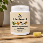 Polvo dental natural para perros y gatos con cepillo dental de bambú ANTON. Ayuda a mantener la higiene bucal, limitar placa y sarro y combatir el mal aliento.