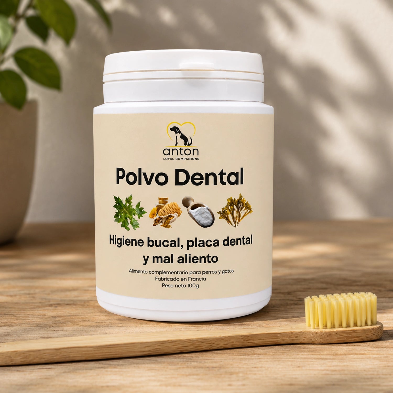 Polvo dental natural para perros y gatos con cepillo dental de bambú ANTON. Ayuda a mantener la higiene bucal, limitar placa y sarro y combatir el mal aliento.