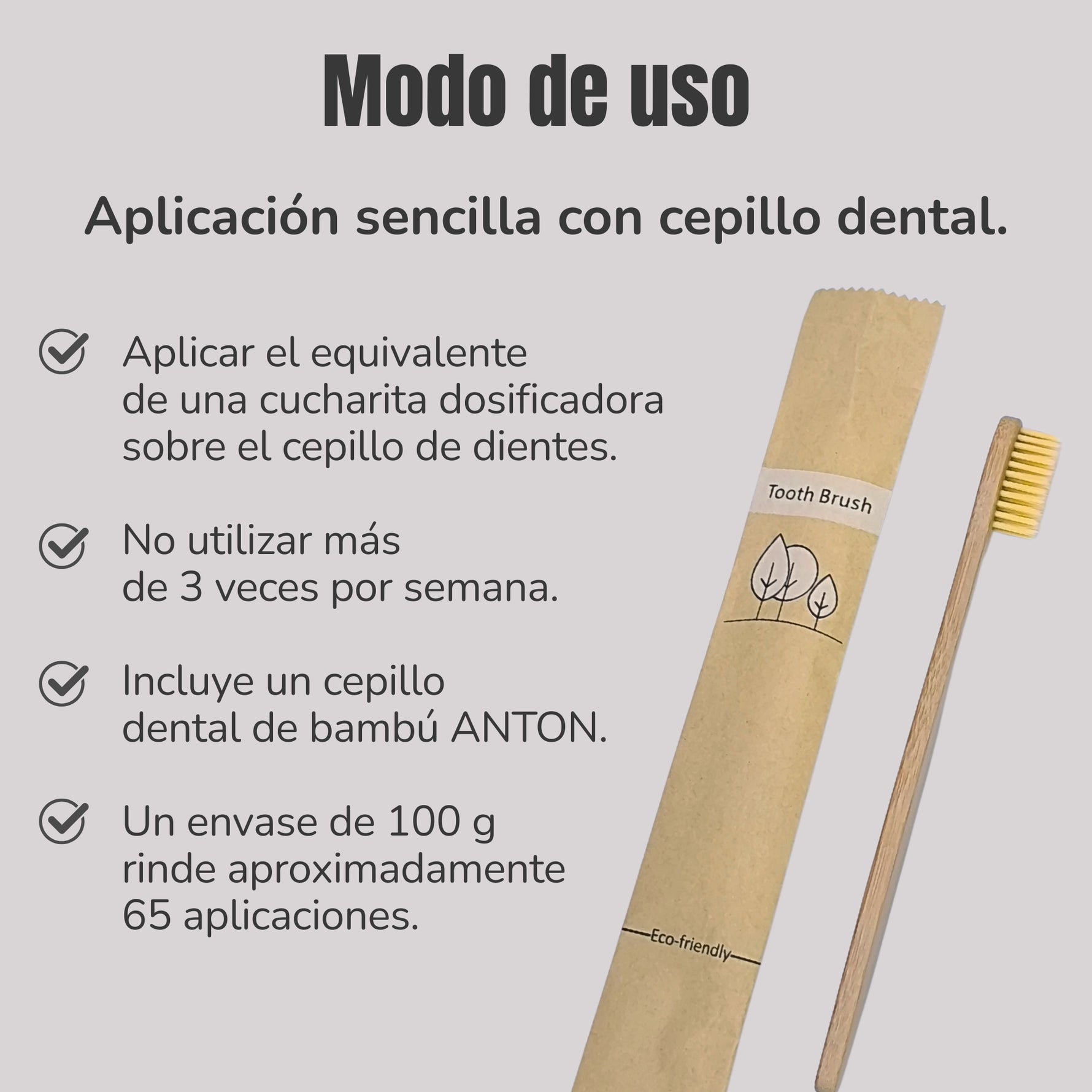 Modo de uso del polvo dental natural ANTON para perros y gatos. Aplicación con cepillo dental de bambú incluido, hasta 3 veces por semana.