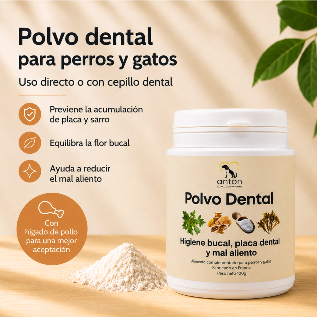 Polvo dental natural para perros y gatos que ayuda a reducir la placa y el sarro, favorece el equilibrio de la flora bucal y ayuda a combatir el mal aliento.