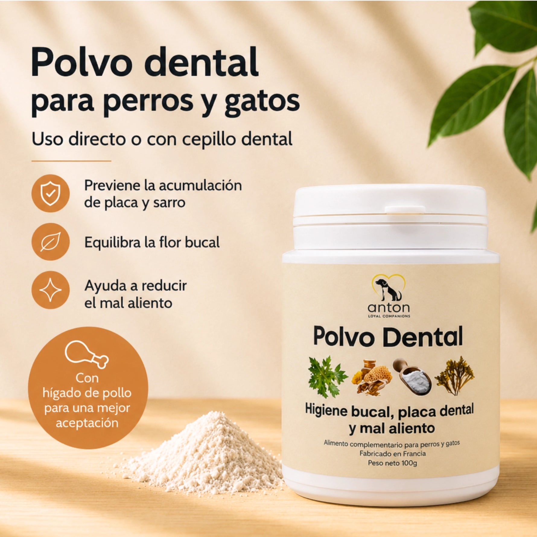 Polvo dental natural para perros y gatos que ayuda a reducir la placa y el sarro, favorece el equilibrio de la flora bucal y ayuda a combatir el mal aliento.