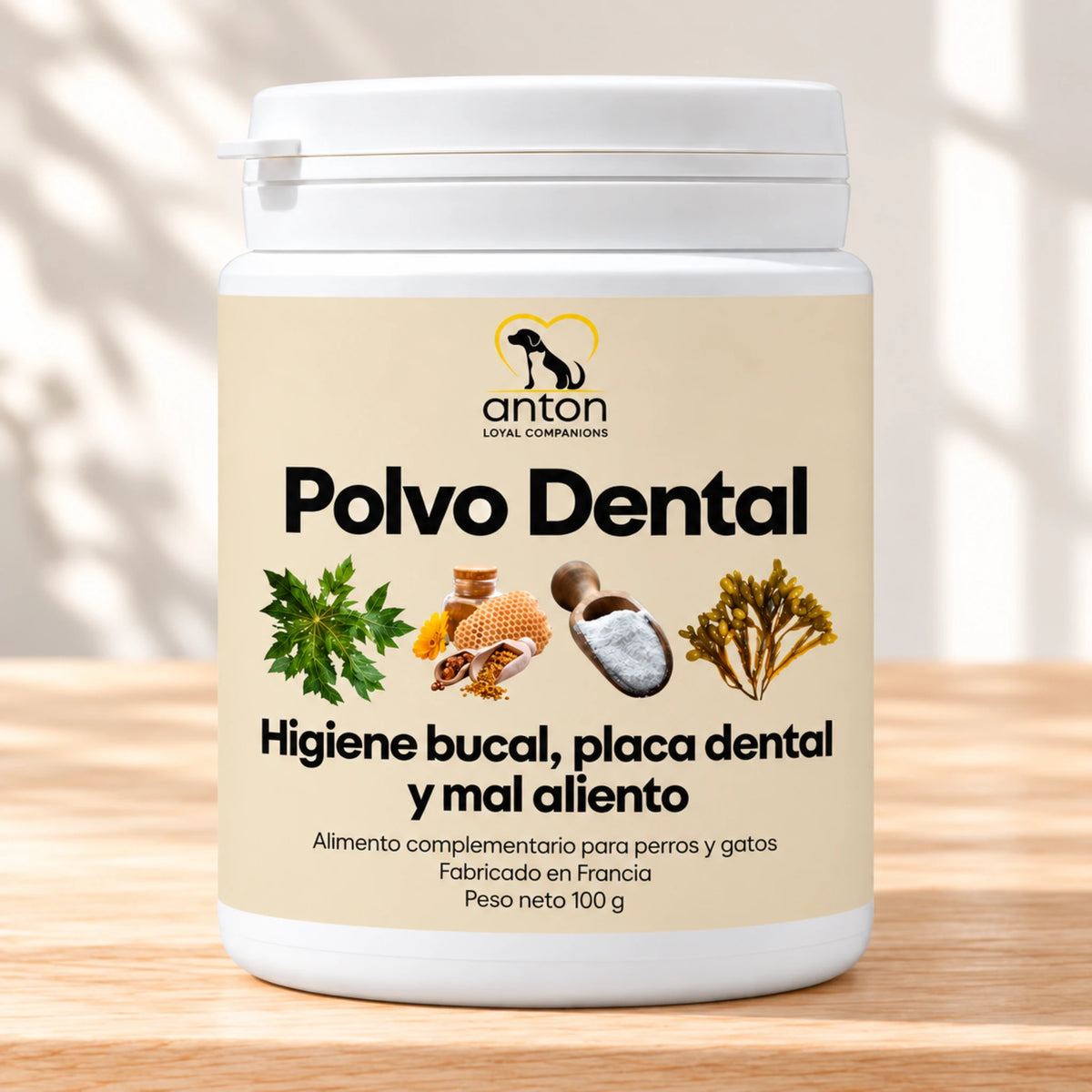 Polvo dental ANTON Loyal Companions para perros y gatos, higiene bucal, placa dental y mal aliento. Bote de 100 g, fabricado en Francia.