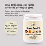 Envase del Polvo Dental de Anton Loyal Companions para perros y gatos, con beneficios contra sarro y mal aliento, junto a textos explicativos en fondo beige.