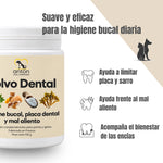 Infografía del Polvo Dental ANTON para perros y gatos, complemento alimentario para la higiene bucal diaria que ayuda a limitar la placa y el sarro, combatir el mal aliento y favorecer el bienestar de las encías.