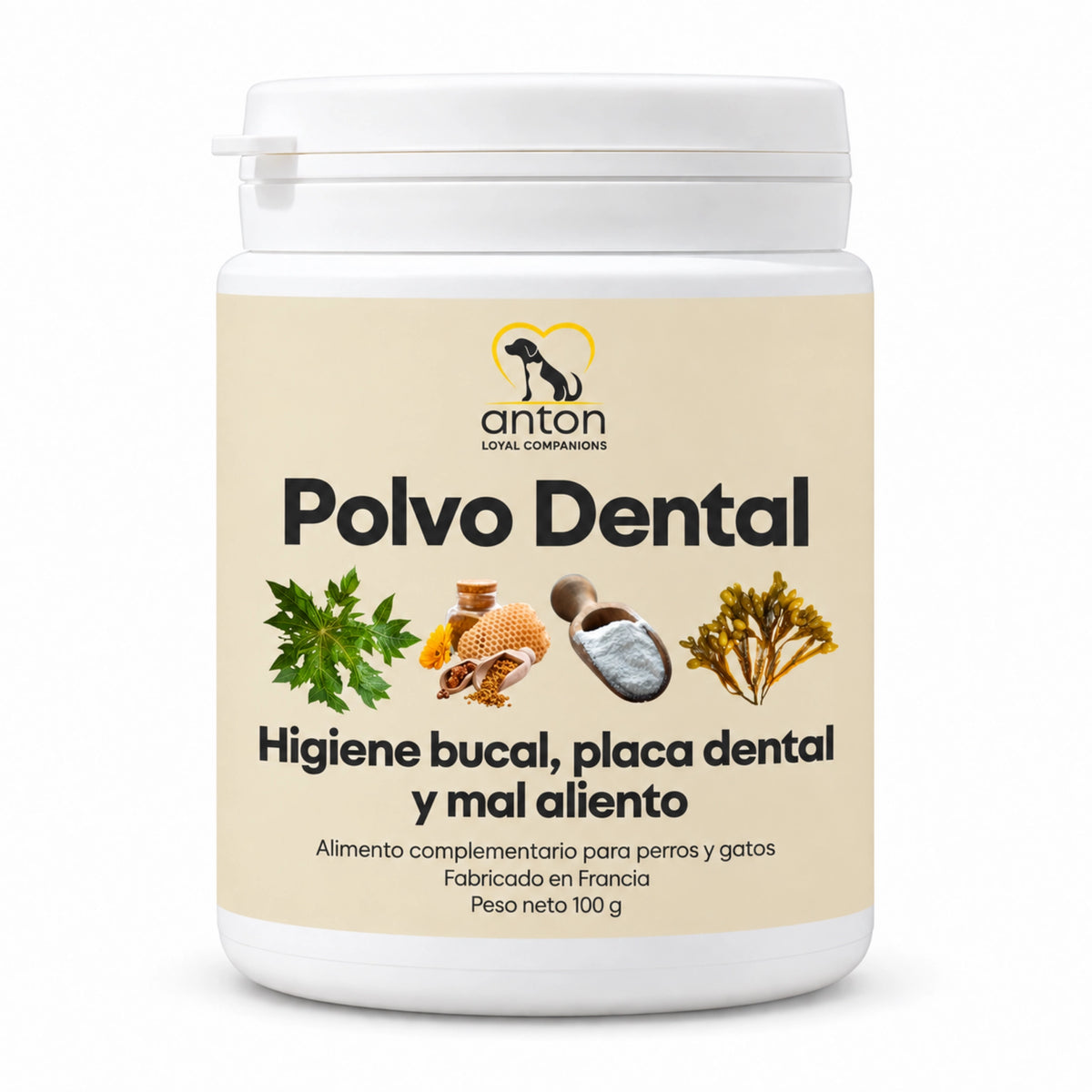 Envase de Polvo Dental ANTON de 100 g para perros y gatos, complemento alimentario para la higiene bucal, el cuidado de la placa dental y el mal aliento, fabricado en Francia.