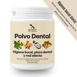 Polvo Dental ANTON de 100 g para perros y gatos, con mensaje destacado «Higiene bucal diaria». Complemento alimentario de apoyo natural para la higiene dental, la placa y el mal aliento.