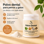 Polvo dental natural para perros y gatos que ayuda a mantener la higiene bucal, limitar la acumulación de placa y sarro y favorecer un aliento más fresco.