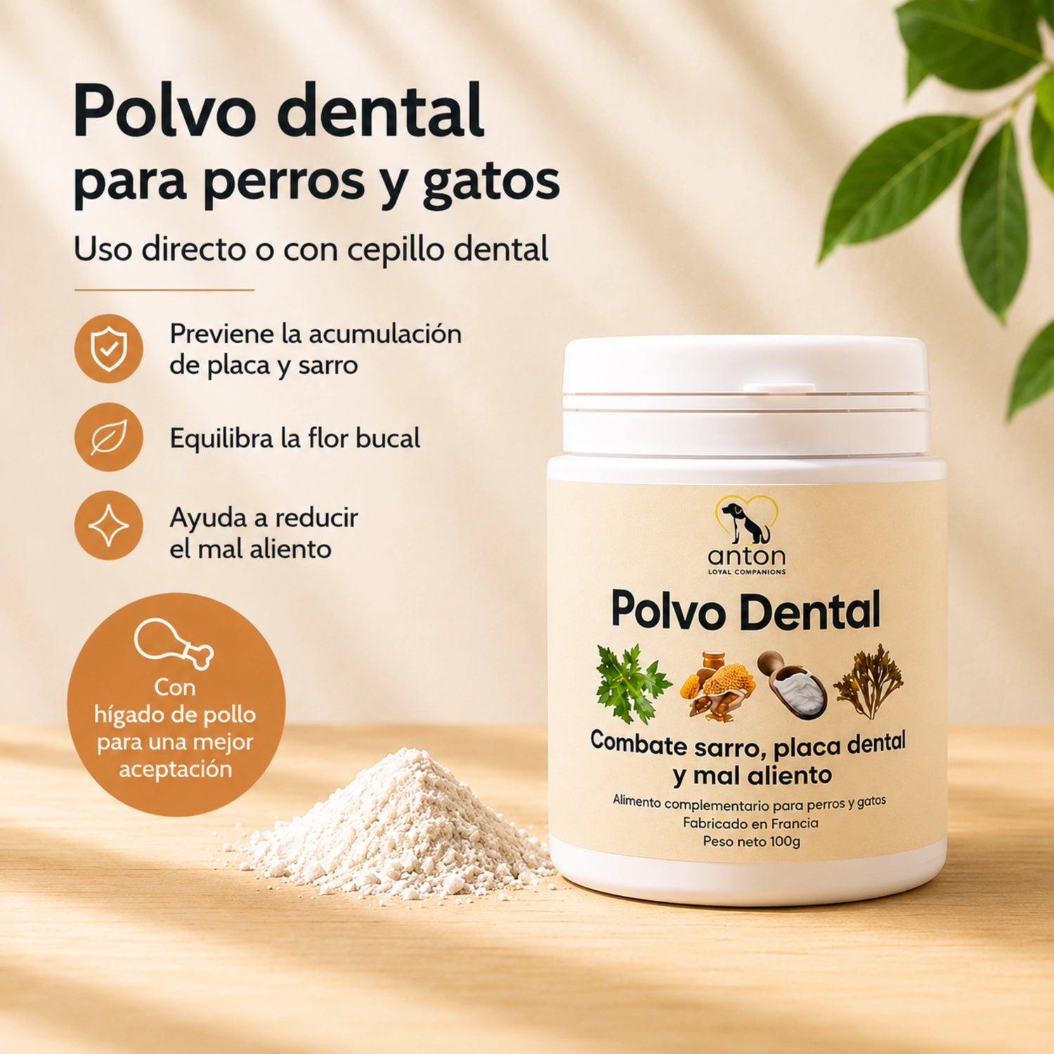 Polvo dental natural para perros y gatos que ayuda a mantener la higiene bucal, limitar la acumulación de placa y sarro y favorecer un aliento más fresco.