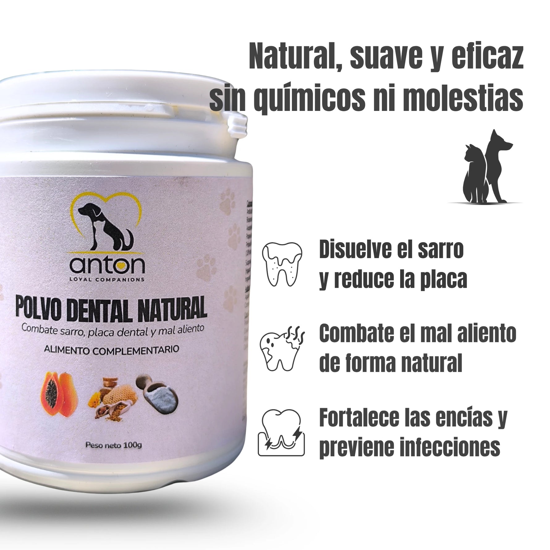 Polvo dental natural para perros y gatos  -   Combate sarro, placa dental y mal aliento_Anton Loyal Companions