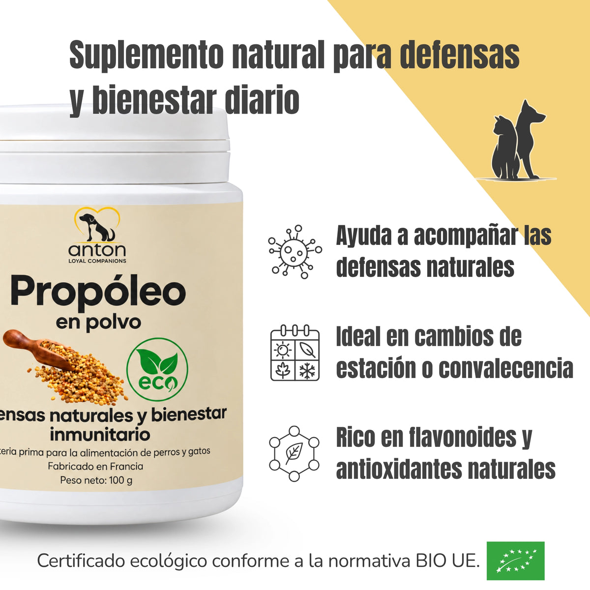 Infografía del Propóleo ECO ANTON para perros y gatos, con certificación ecológica europea. Presenta sus beneficios para las defensas naturales, el bienestar diario y su aporte de flavonoides y antioxidantes.