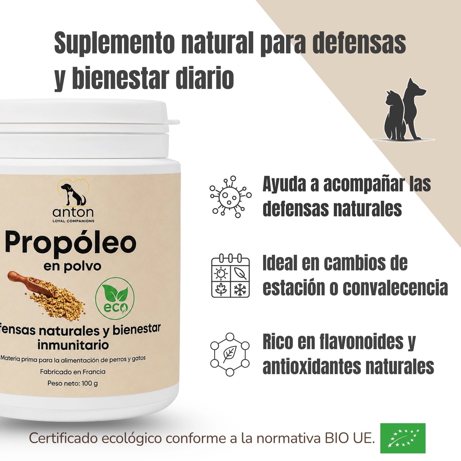 Suplemento natural Propóleo en polvo ECO para perros y gatos rico en flavonoides y antioxidantes naturales con apoyo a las defensas y al bienestar diario – certificado BIO UE ANTON LC