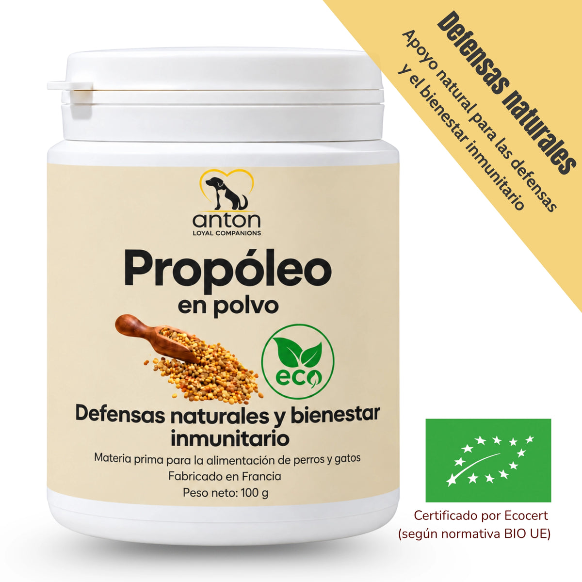 Propóleo ECO en polvo ANTON de 100 g para perros y gatos, con mensaje «Defensas naturales», apoyo al bienestar inmunitario y sello de certificación ecológica europea.