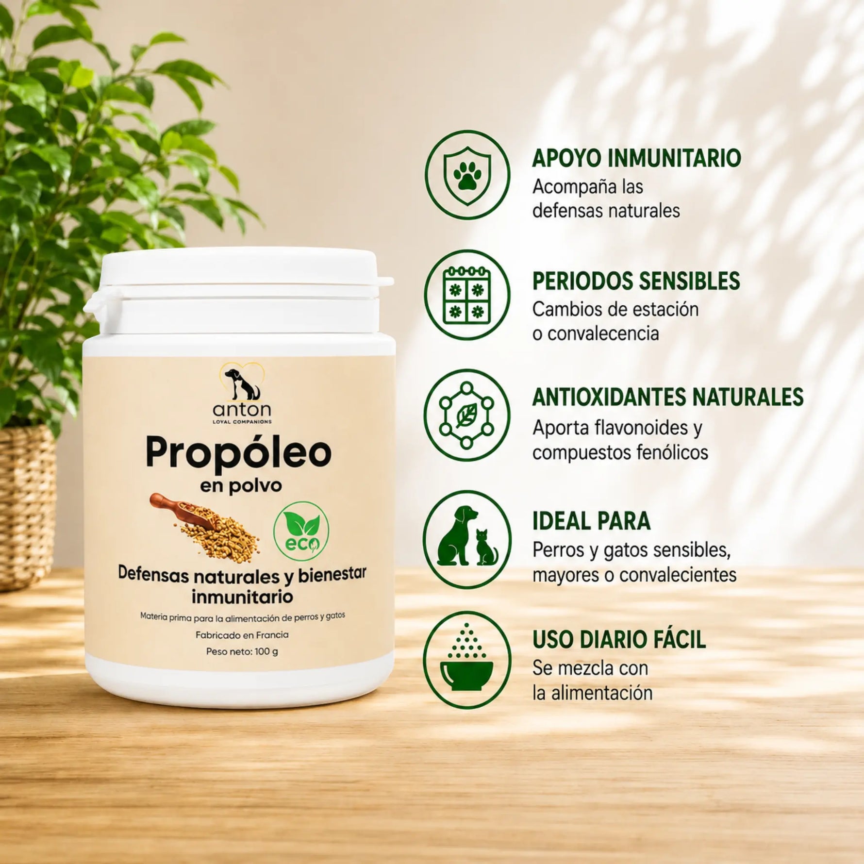 Propóleo BIO para perros y gatos, apoyo natural para las defensas, el bienestar inmunitario y los periodos sensibles.
