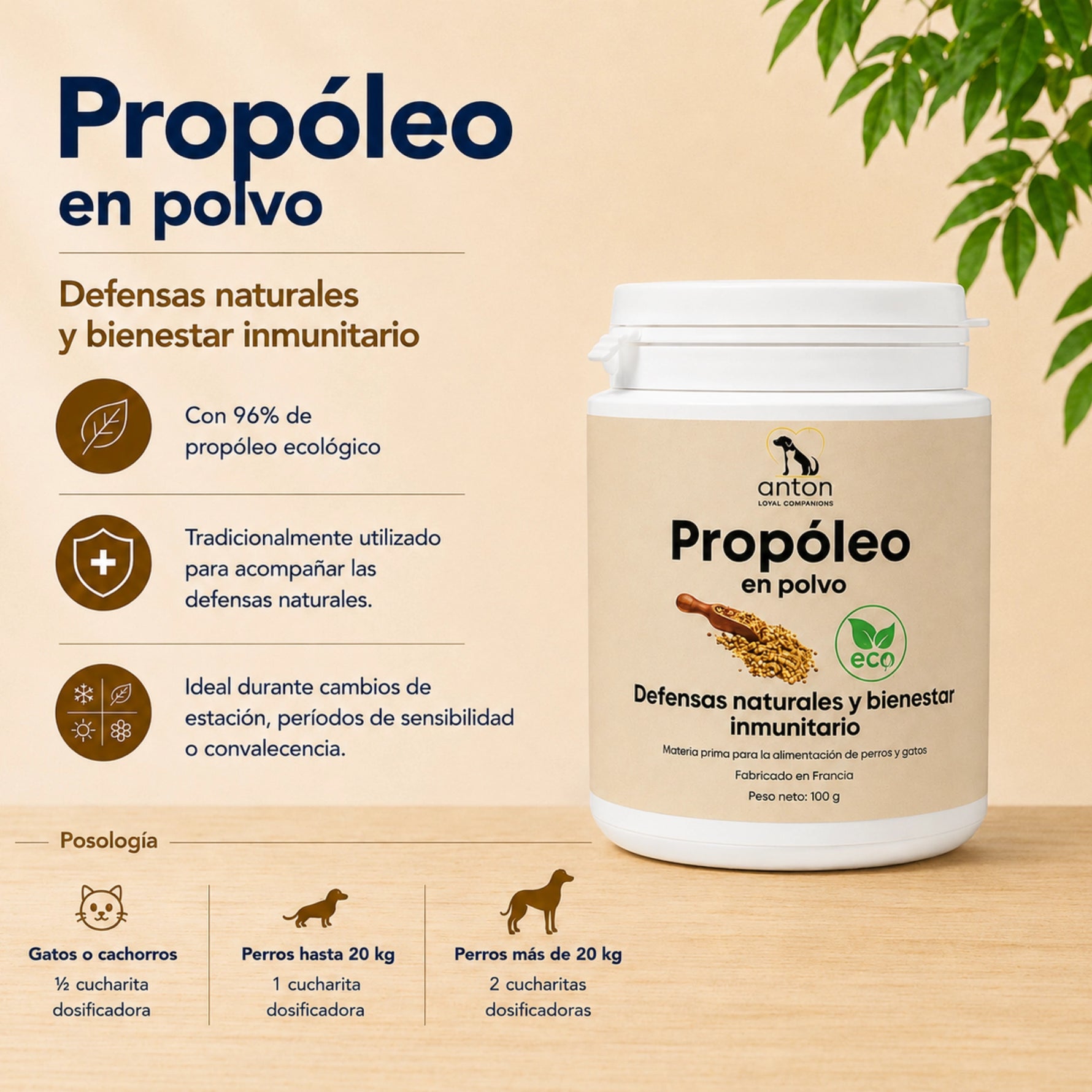 Propóleo ECO en polvo para perros y gatos con 96 % de propóleo ecológico. Complemento alimenticio natural para apoyar las defensas naturales y el bienestar inmunitario.