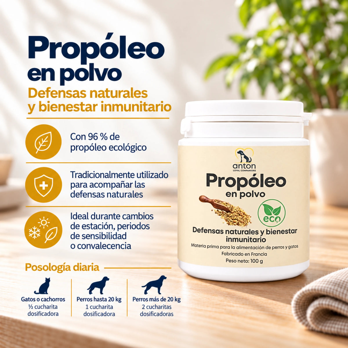 Propóleo en polvo para perros y gatos Anton Loyal Companions, con 96 % de propóleo ecológico para acompañar las defensas naturales.