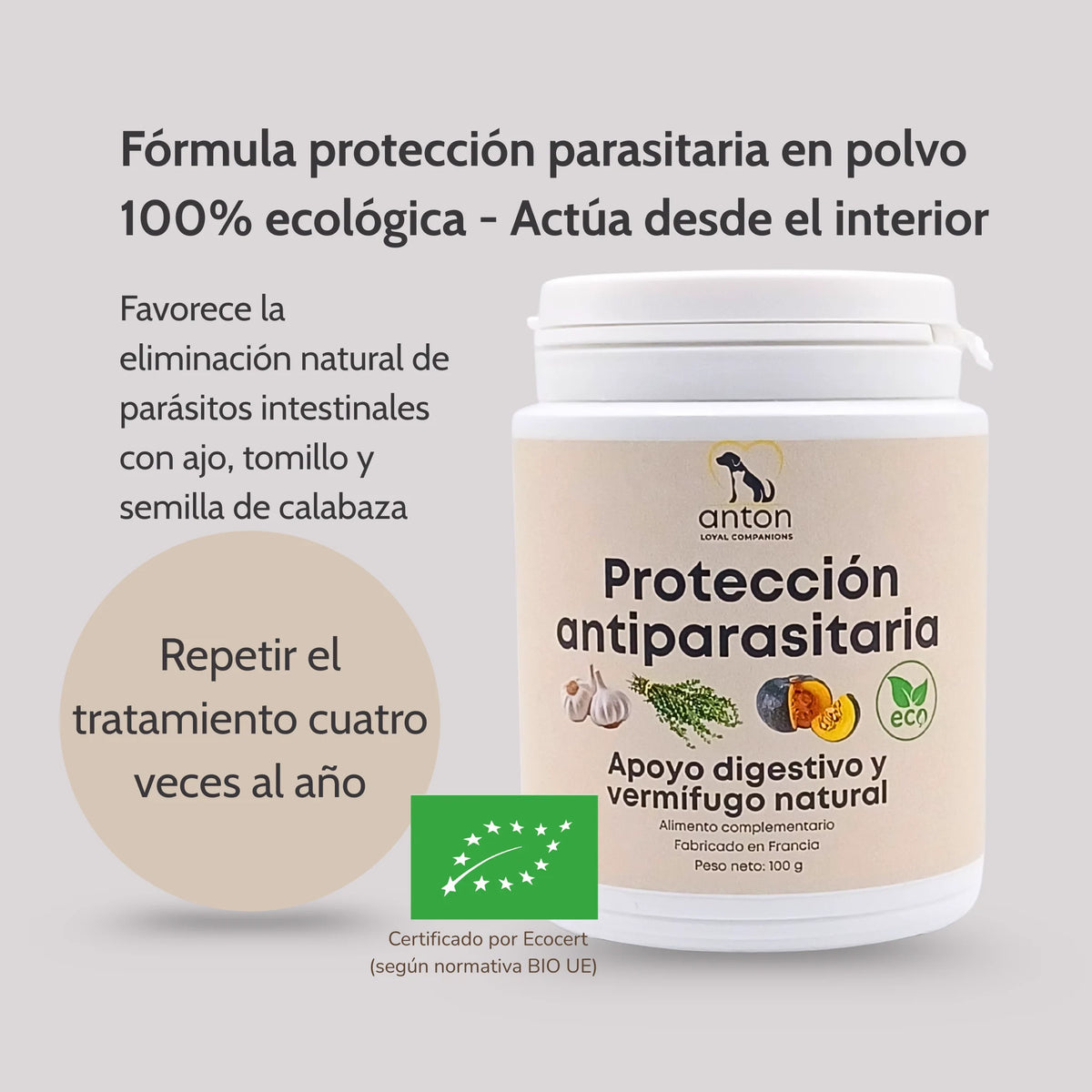 Protección antiparasitaria ecológica en polvo ANTON Loyal Companions para perros y gatos, fórmula natural con ajo, tomillo y semilla de calabaza, certificada por Ecocert.
