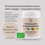 Protección antiparasitaria ecológica en polvo ANTON Loyal Companions para perros y gatos, fórmula natural con ajo, tomillo y semilla de calabaza, certificada por Ecocert.