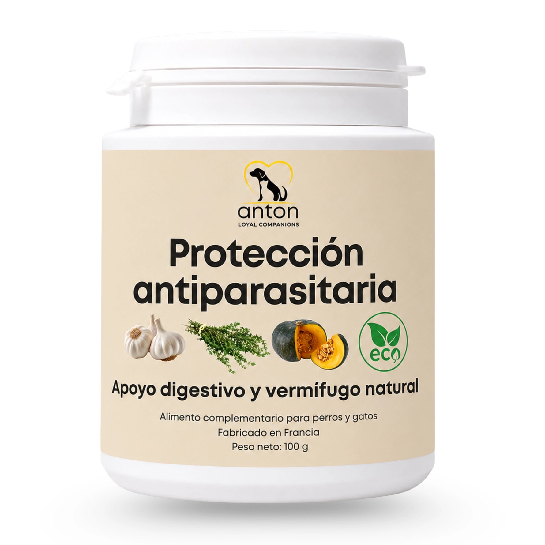 Imagen del envase del suplemento natural Protección antiparasitaria para perros y gatos. Fórmula ecológica con ajo, tomillo y semilla de calabaza, orientada al apoyo digestivo y al acompañamiento natural frente a situaciones de riesgo parasitario. Certificado según la normativa BIO UE.