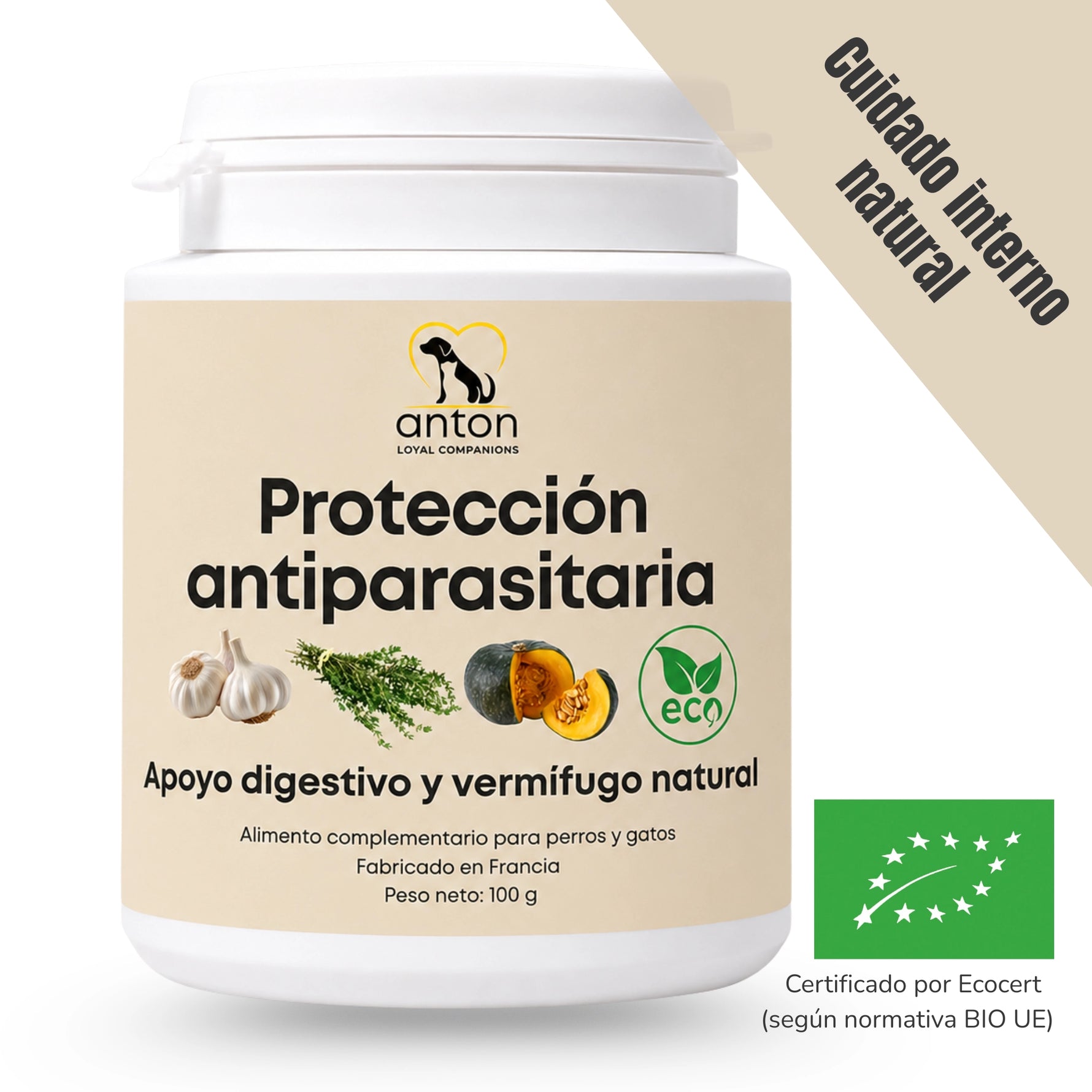 Suplemento natural Protección antiparasitaria para perros y gatos certificado por Ecocert según la normativa BIO UE. Imagen del envase con ingredientes ecológicos seleccionados para acompañar el bienestar digestivo y el apoyo vermífugo natural.