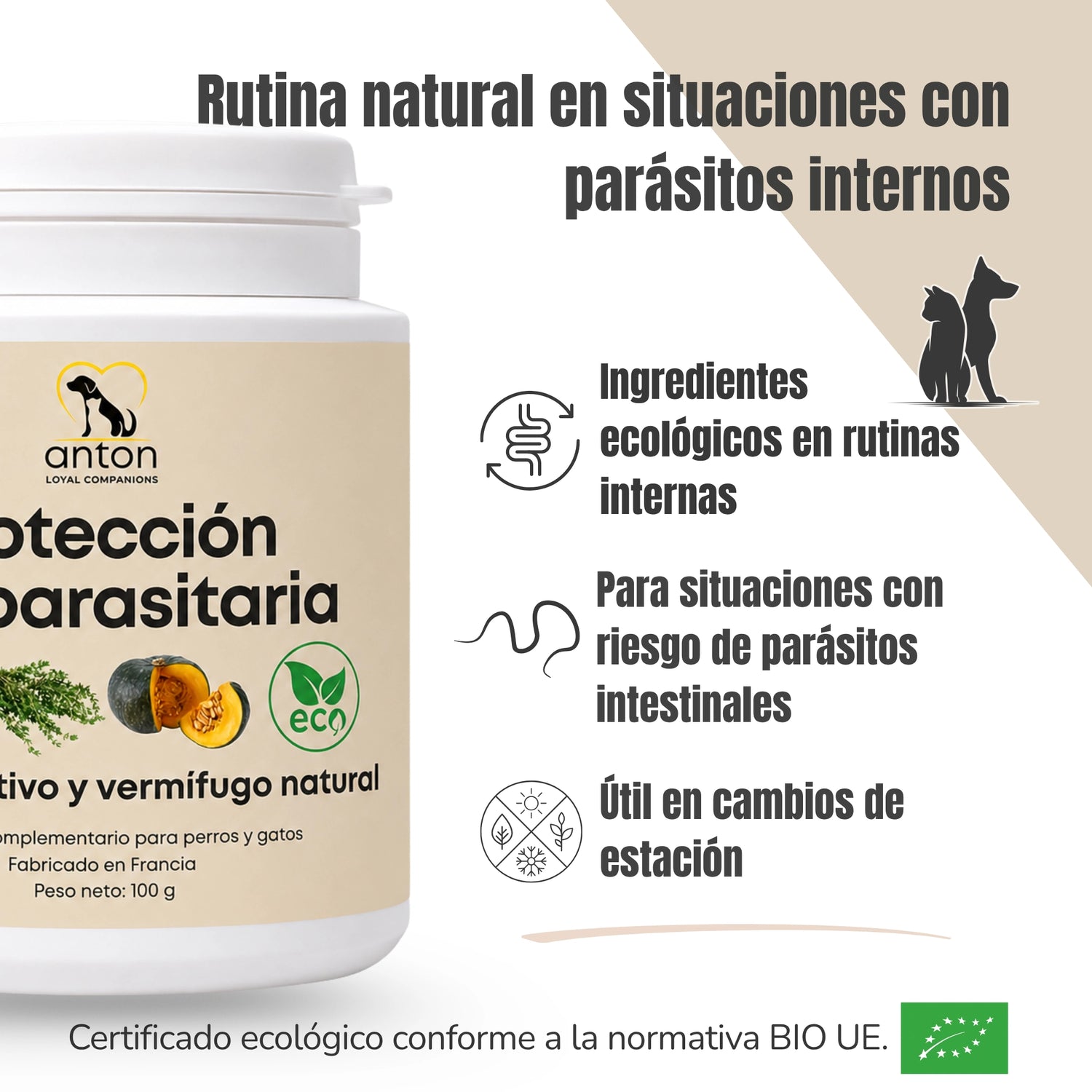 Imagen informativa del suplemento natural Protección antiparasitaria para perros y gatos. Destaca el uso de ingredientes ecológicos dentro de rutinas internas, especialmente en situaciones con riesgo de parásitos intestinales o durante cambios de estación, con certificación BIO UE.