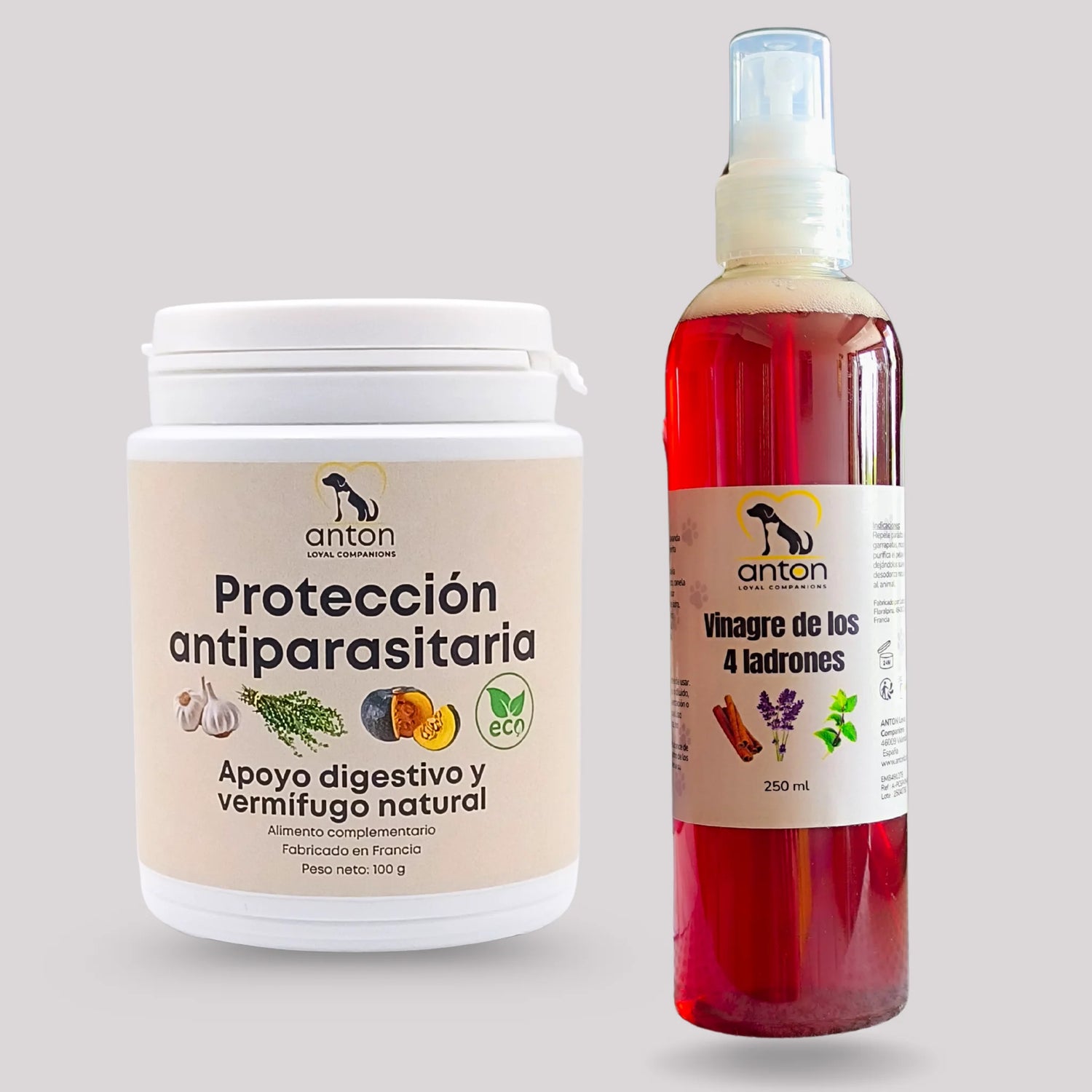 Pack natural ANTON Loyal Companions con Protección antiparasitaria y Vinagre de los 4 ladrones para perros y gatos, apoyo digestivo y defensa externa natural.