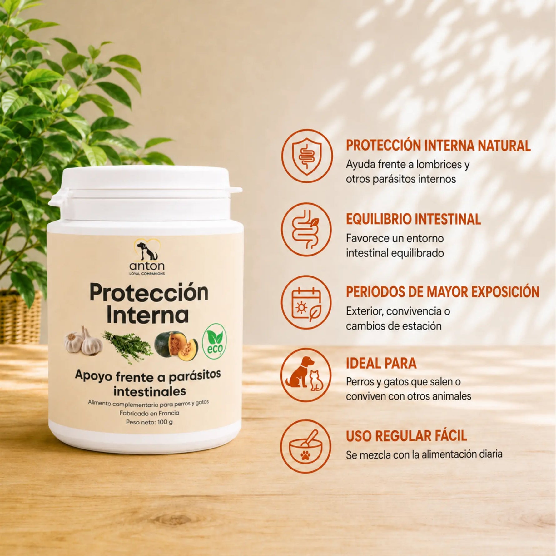 Protección Interna para perros y gatos, complemento natural para apoyar el equilibrio intestinal frente a parásitos internos.