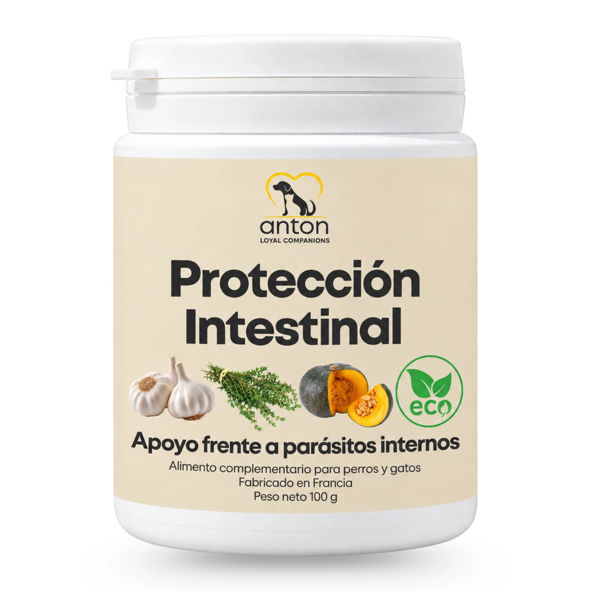 Protección Intestinal ecológica para perros y gatos de ANTON Loyal Companions, con ajo, tomillo y semilla de calabaza para apoyar el equilibrio intestinal frente a parásitos internos.