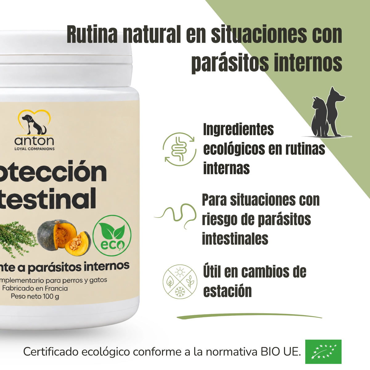 Protección Intestinal de ANTON Loyal Companions para perros y gatos, con ingredientes ecológicos para acompañar las rutinas frente a parásitos internos y apoyar el equilibrio intestinal.
