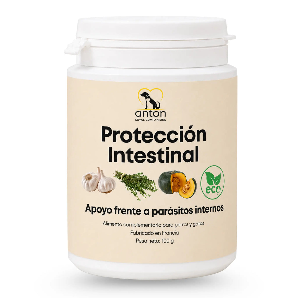 Bote de Protección Intestinal ANTON de 100 g para perros y gatos, con ajo, tomillo y semillas de calabaza ecológicos.