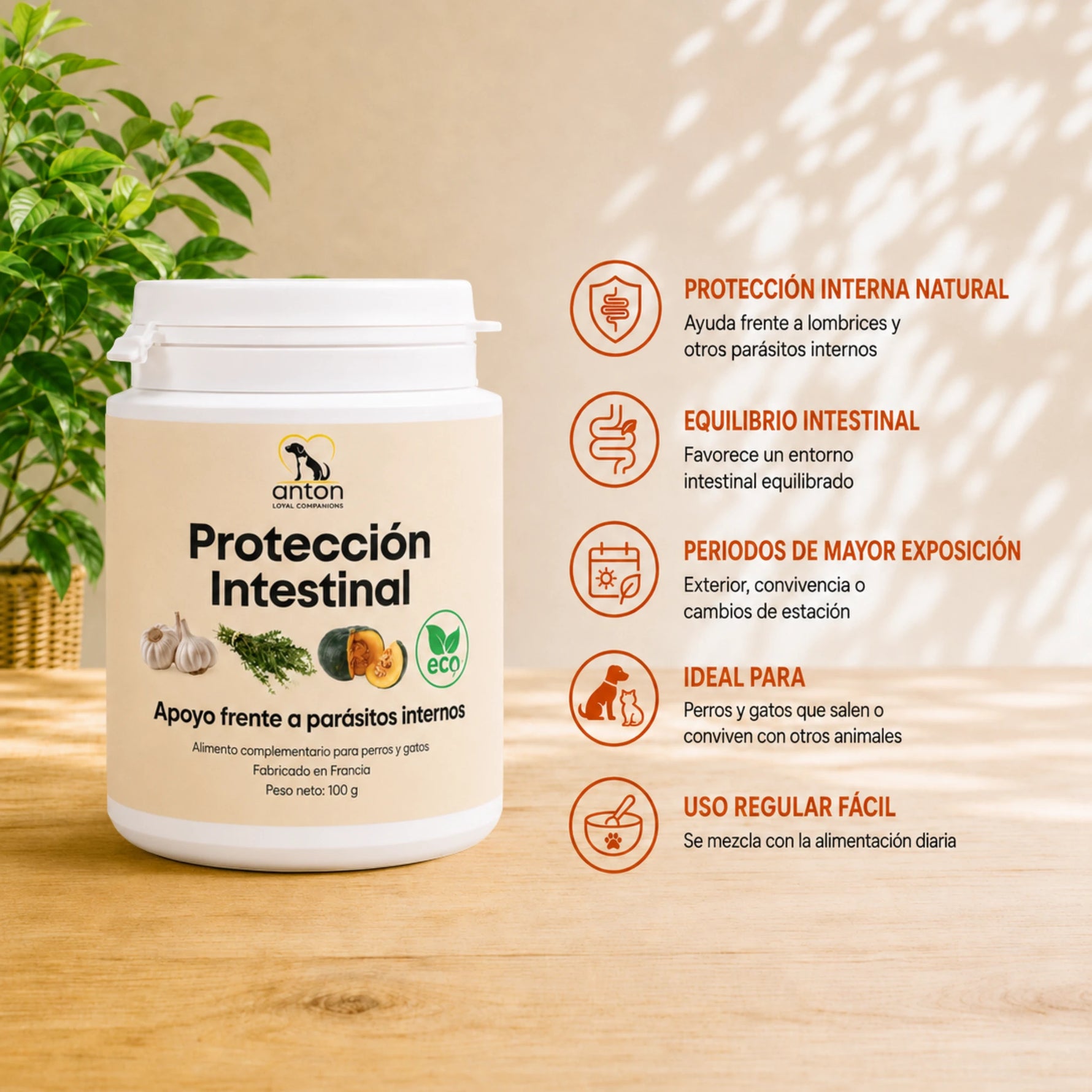 Protección Intestinal para perros y gatos, complemento natural con ajo, tomillo, calabaza y zanahoria para el equilibrio intestinal.