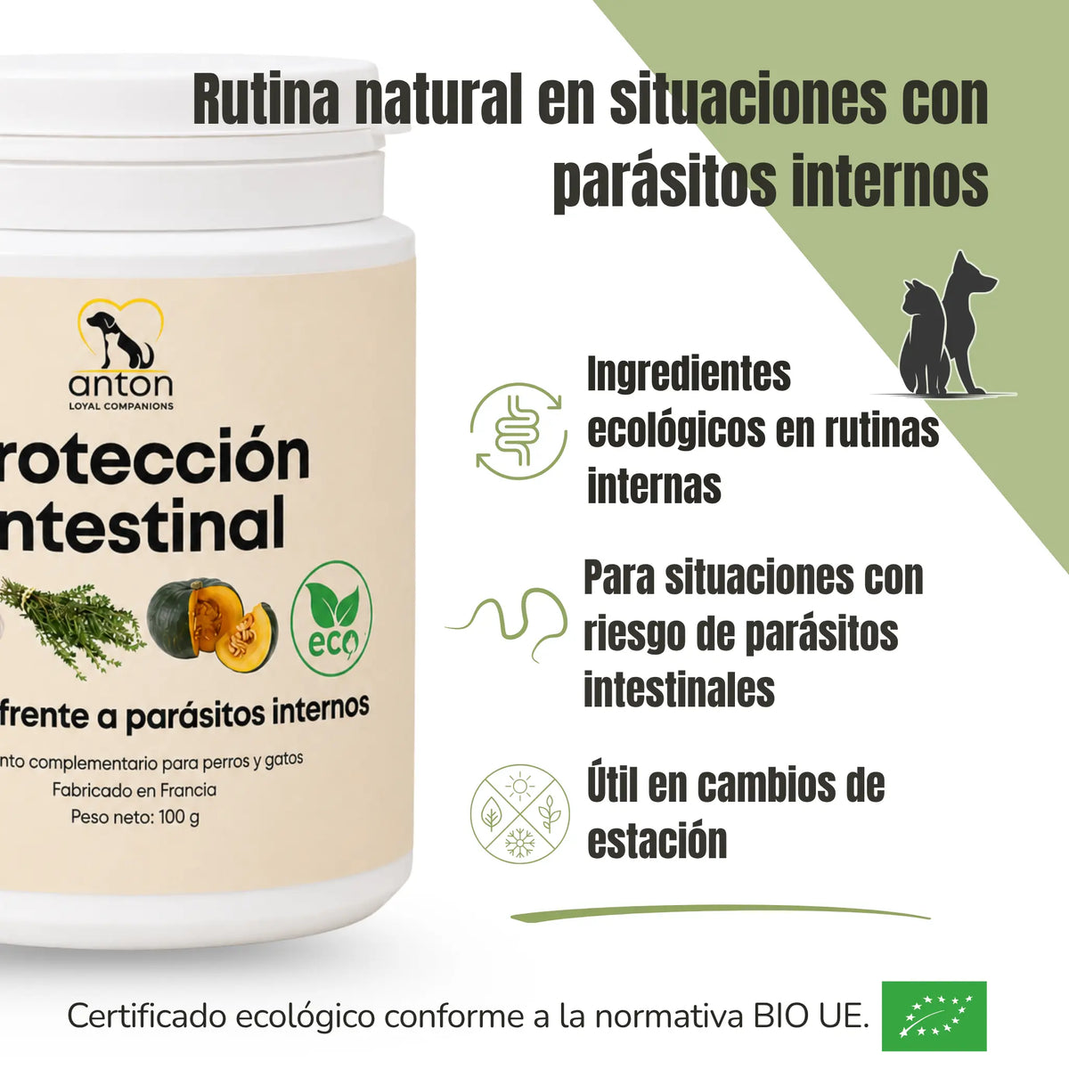 Rutina natural con Protección Intestinal ANTON para perros y gatos en situaciones con riesgo de parásitos internos.
