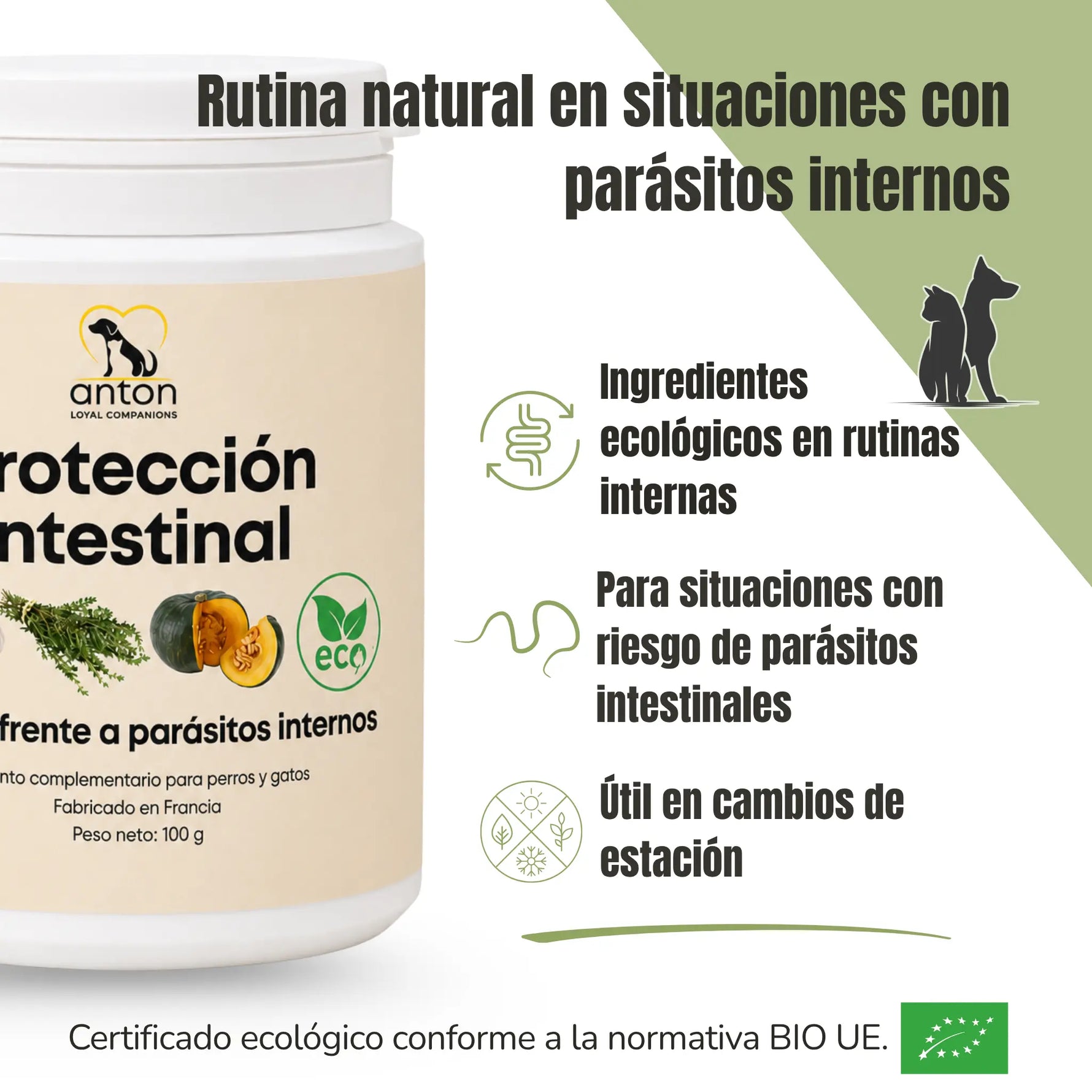 Rutina natural con Protección Intestinal ANTON para perros y gatos en situaciones con riesgo de parásitos internos.