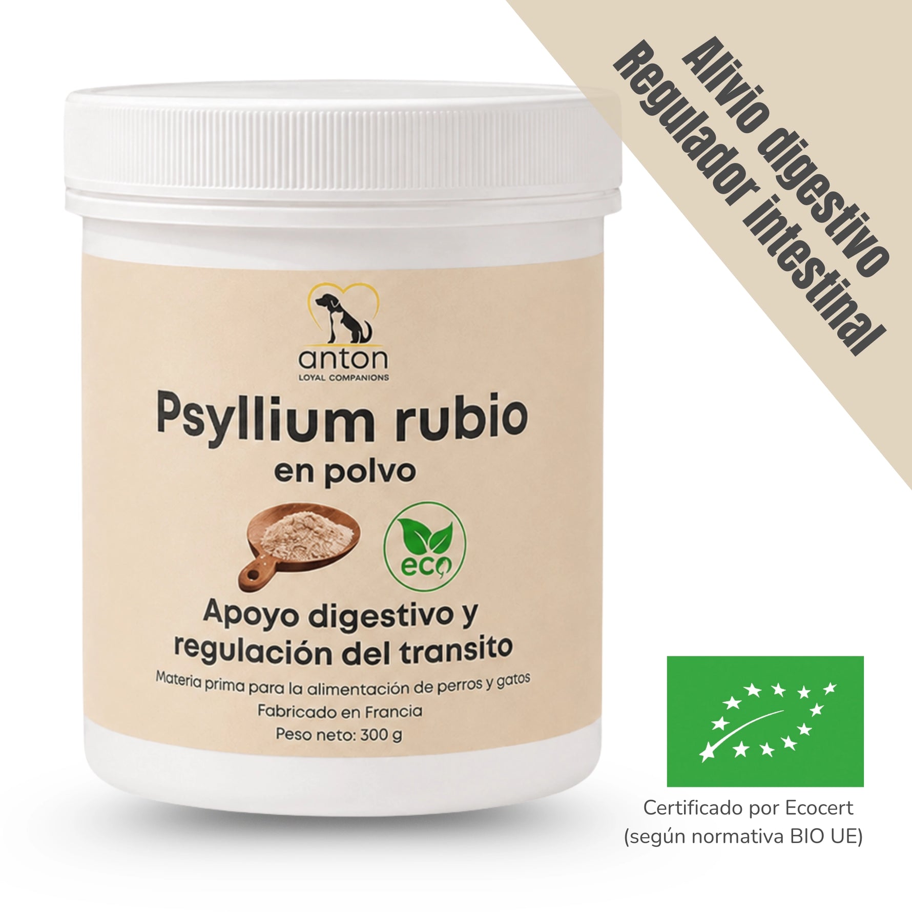 Suplemento natural Psyllium rubio en polvo ECO para perros y gatos con apoyo digestivo y regulación del tránsito intestinal – certificado Ecocert BIO UE ANTON LC